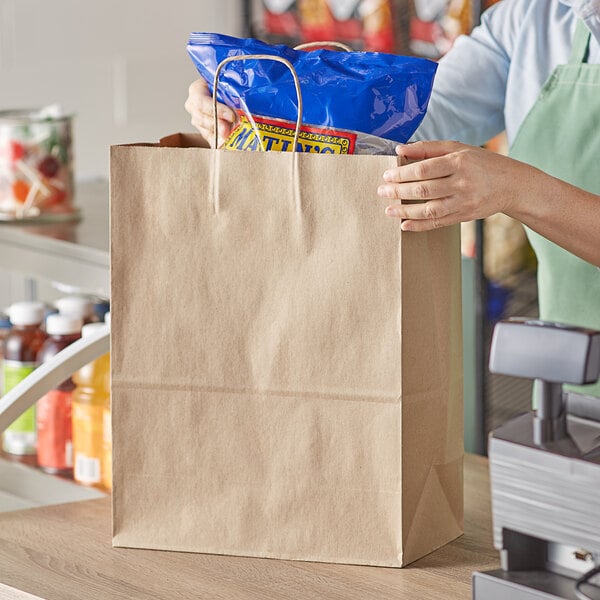 Duro Bag Mart Dubl Life 13" x 7" x 17" Natural Kraft Shopping Bag with Handles, FSC Certified, Compostable, Recycled Content, 60# (QTY 250), SKU 87128