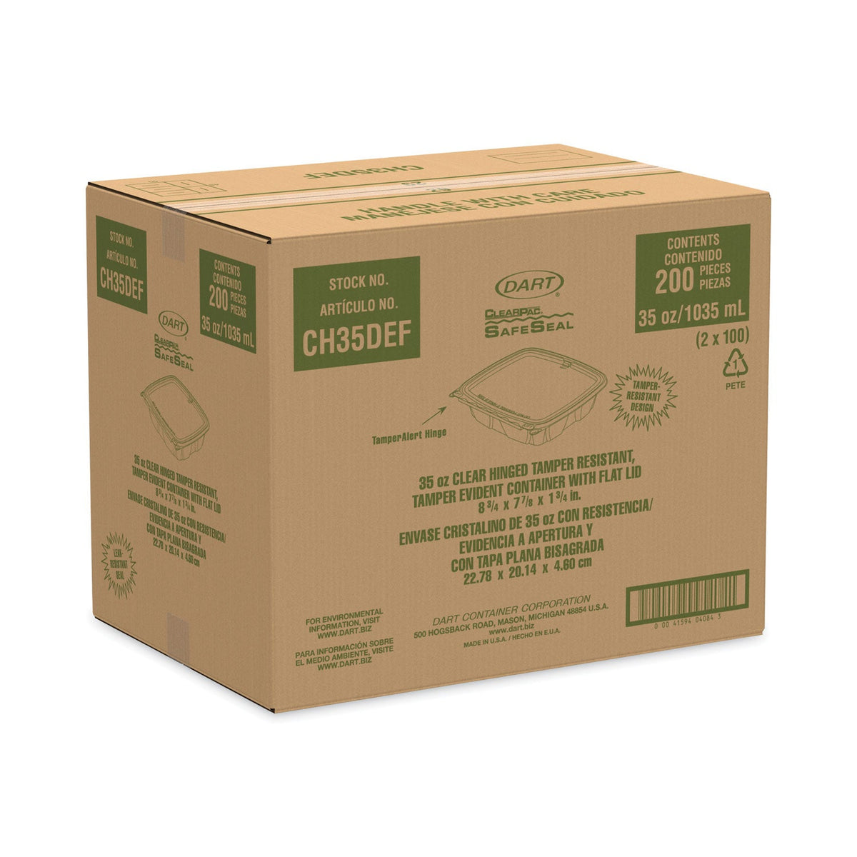 Dart ClearPac SafeSeal Tamper-Resistant/Evident Containers, Flat Lid, 35 oz, 7.9 x 8.8 x 1.8, Clear, Plastic, 100/Bag, 2 Bags/CT