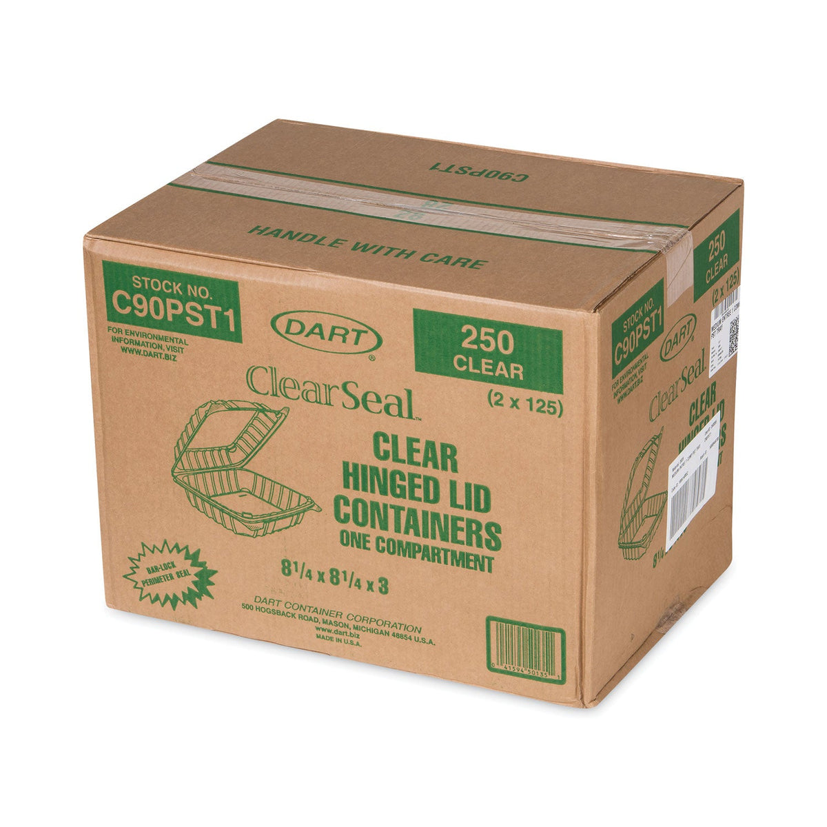 Dart ClearSeal Hinged-Lid Plastic Containers, 8.3 x 8.3 x 3, Clear, Plastic, 250/Carton