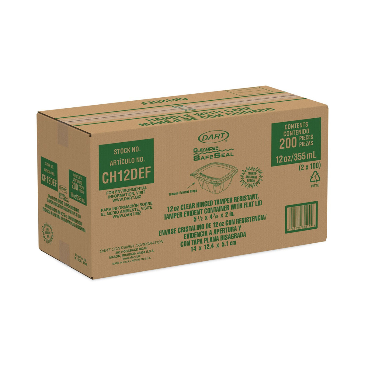 Dart ClearPac SafeSeal Tamper-Resistant/Evident Containers, Flat Lid, 12 oz, 4.9 x 2 x 5.5, Clear, Plastic, 100/Bag, 2 Bags/Carton