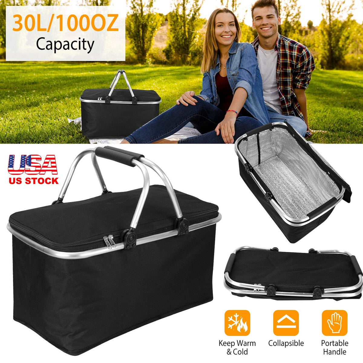 30L Insulated Picnic Basket Cooler Collapsible Food Delivery Storage Bag Grocery Market Basket Heat & Cool Insulation w/ Aluminum Handles